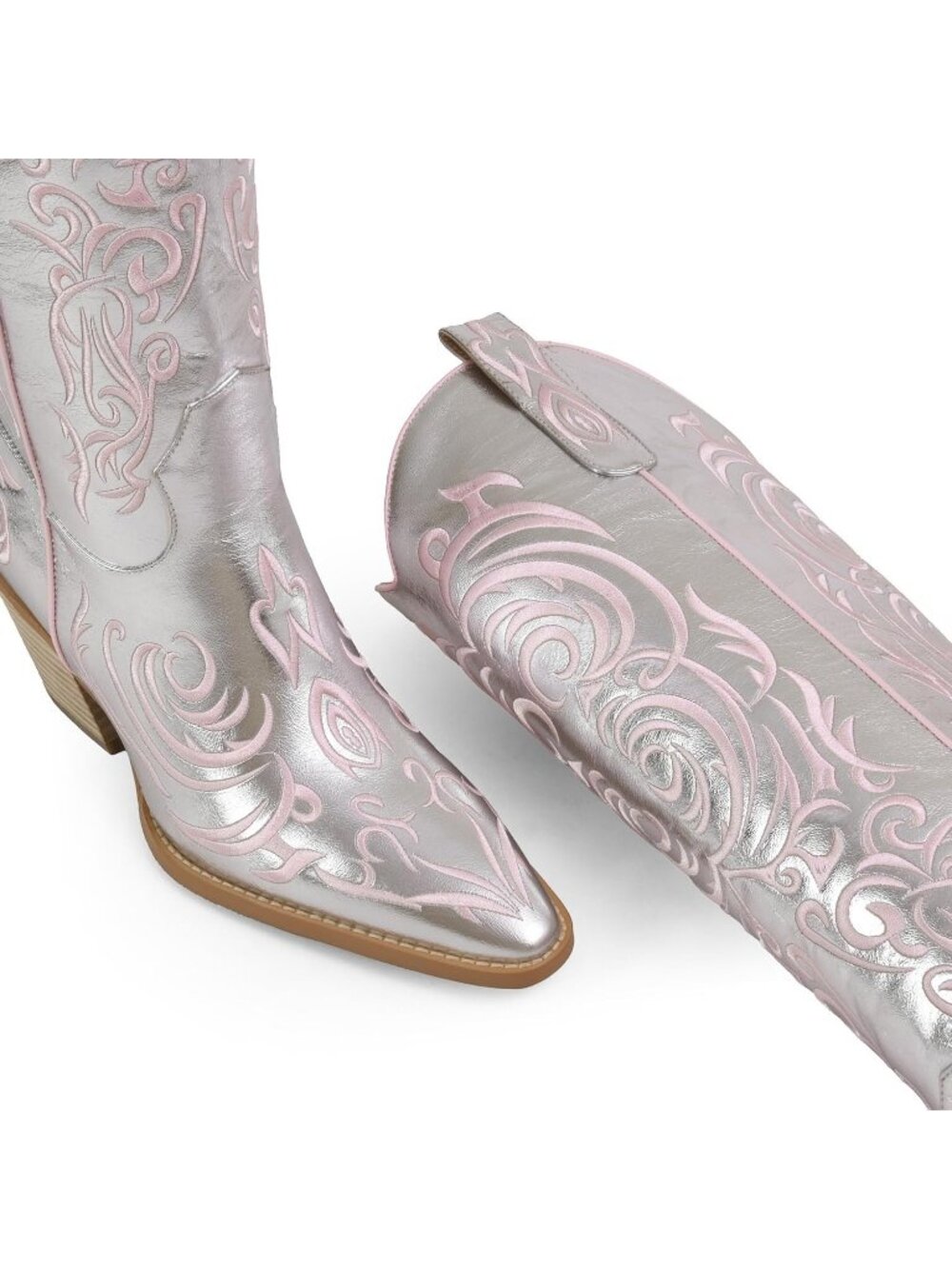 Women's Silver Rubber Cowgirl Knee High Pointed Toe Block Heel Embroiderd Boots - Picture 6 of 6